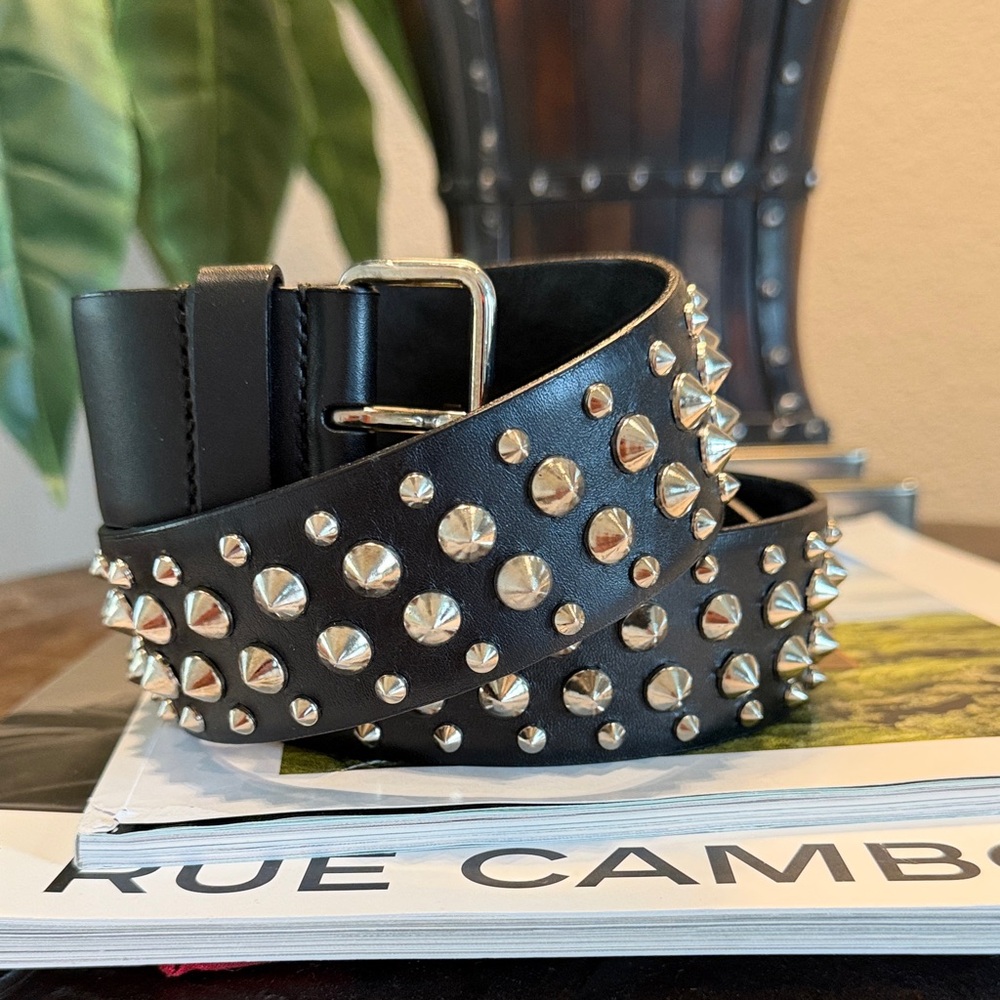 Miu Miu Black Studded Leather Belt with Silver Hardware 90 / 36
